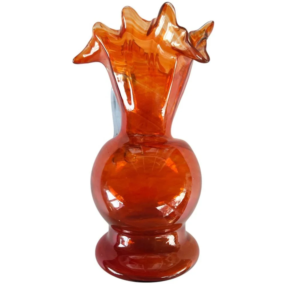 Vintage Fenton Orange Swirl Ruffled Fluted Pitcher Vase 7” x 3” Blue Tint Handle